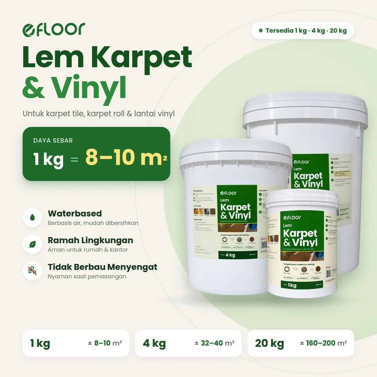 Lem Karpet & Vinyl ECO EFLOOR tersedia 1 kg, 4 kg, 20 kg — daya sebar 8–10 m² per kg
